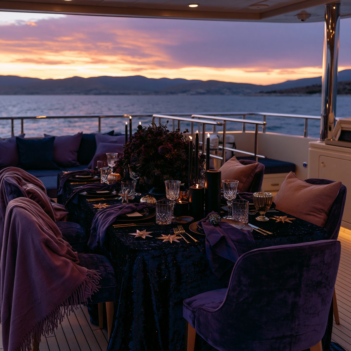 All of Mine — purple velvet table setting at sunset