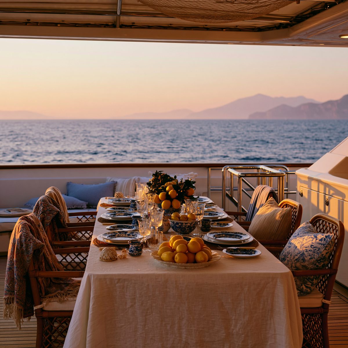 Capri Bianco — open deck with lemons at sunset