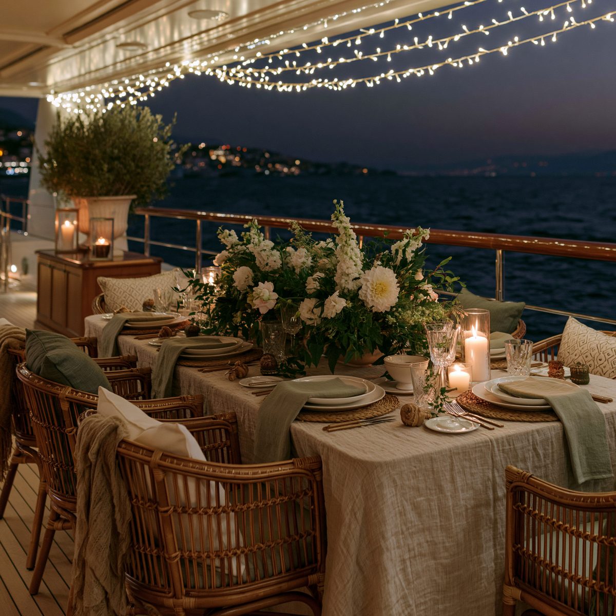 Garden Party — string lights and white flowers at night