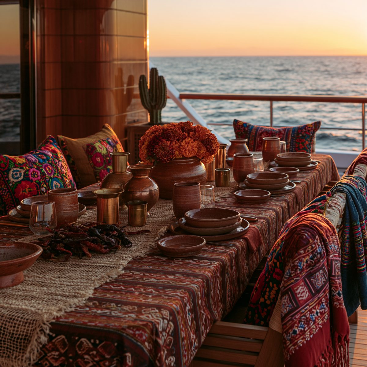 Mexico Chilli — long table with earth tones and copper