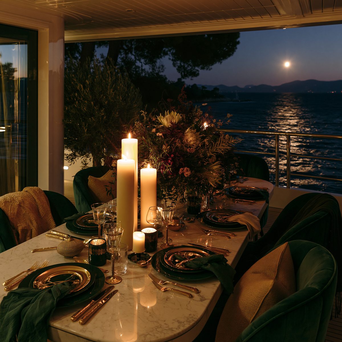 Palazzo — marble table, dark green velvet, moonlight