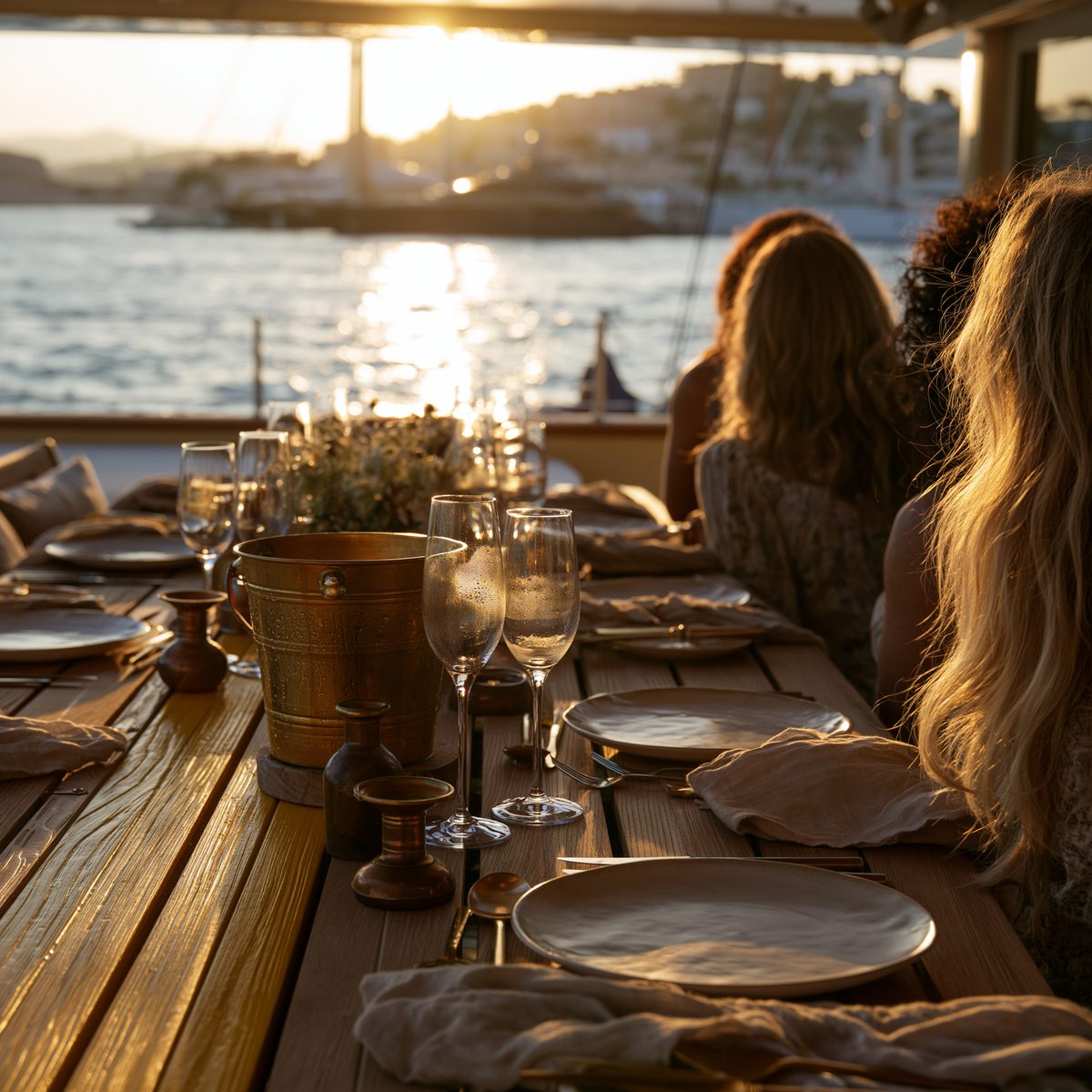 Sunline — brass bucket and champagne at golden hour
